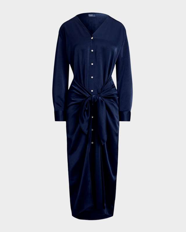 Satin Tie-Front Wrap Shirtdress